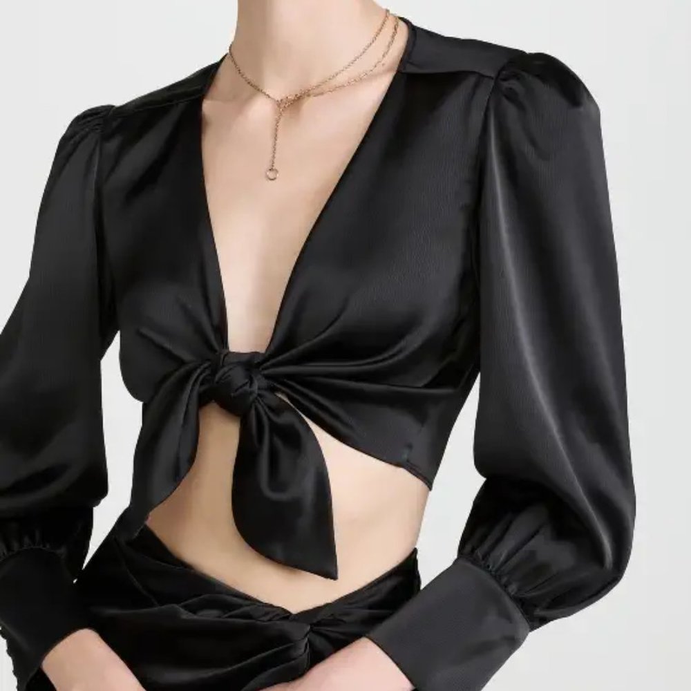 WAYF Alcott Knot Crop Top in Black Satin Silk | M | New with Tags | Tie front